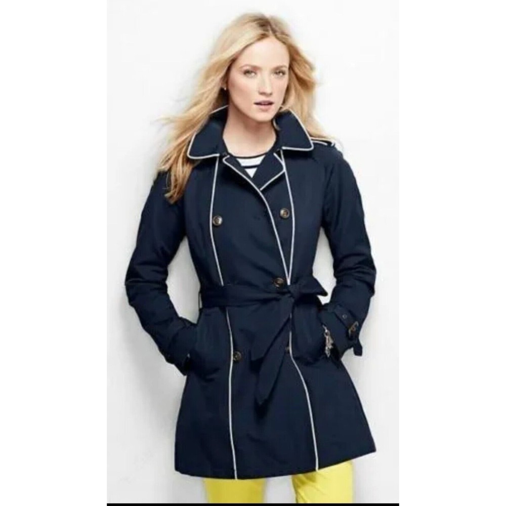 Lands End SM/TALL Navy Heritage Trench Coat Double Breasted Belted Nautical